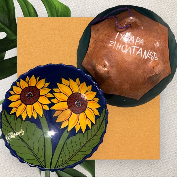 VTG Set of 2 Colorful Mexican Talavera Pottery Sunflower Footed Bowl Glazed - Picture 2 of 5